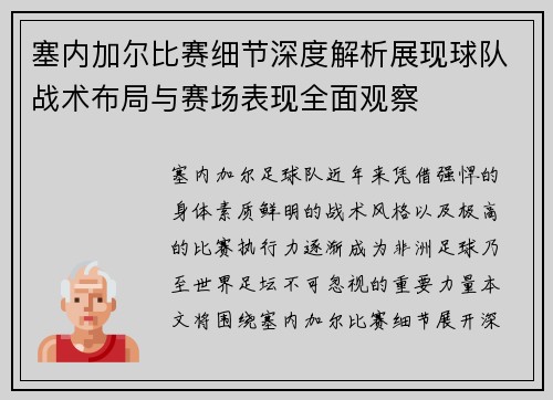 塞内加尔比赛细节深度解析展现球队战术布局与赛场表现全面观察